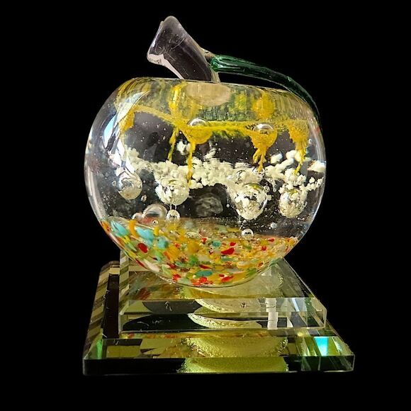 Handblown Apple Paperweight Art Glass Pedestal Multi Colored Bubbles TINY FLAW. - Picture 7 of 16